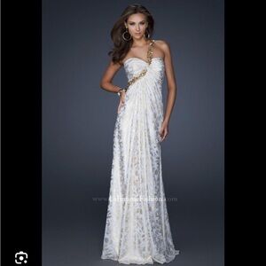 La Femme Gold and White formal dress
